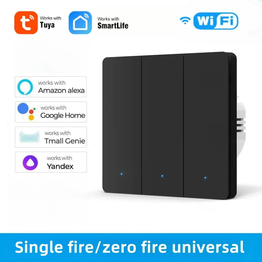 Tuya WiFi Smart Wall Light Switch Push Button No/With Neutral Wire Timing SmartLife Remote Control Panel Works With Alexa Google Peaceful Pleasures Health and Wellness 3 gang Black