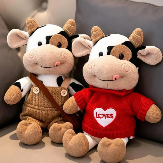 Cute Tongue Out Cow Plush Toy Removable Knit Sweater Stuffed Animal Peaceful Pleasures Health and Wellness