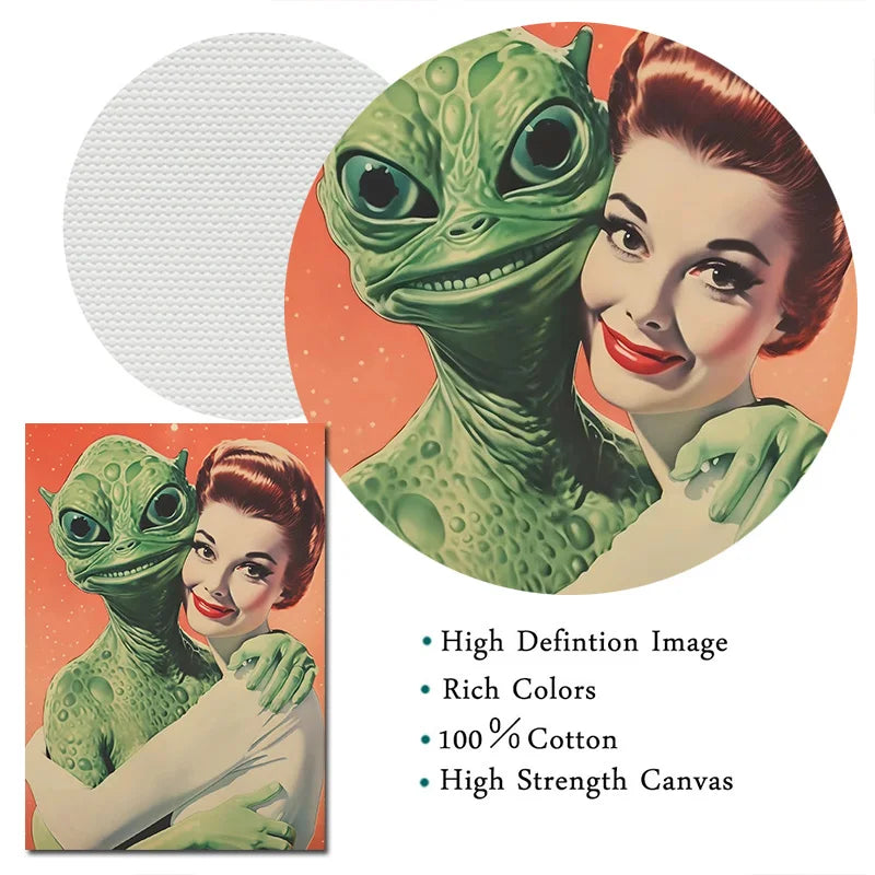 UFO Flying Saucer Alien Drink Coffee Art Print Poster Cow Abduction Canvas Printing Print Retro Sci Fi Wall Art Funny Home Decor Peaceful Pleasures Health and Wellness