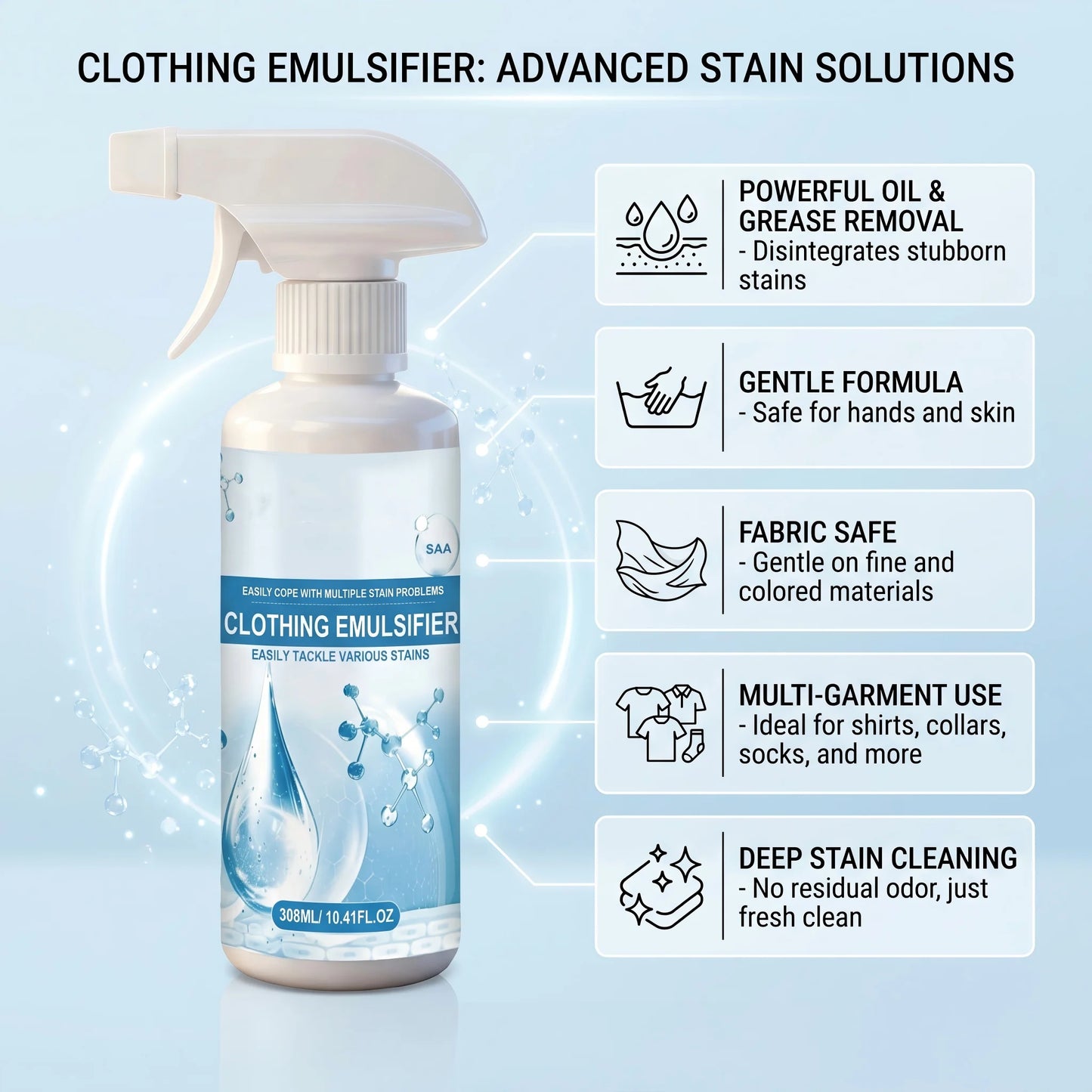 Clothing Emulsifier Stain Remover Spray for Oil, Grease, Food & Blood Stains Removal Preserves Colors and Freshens Clothes Peaceful Pleasures Health and Wellness