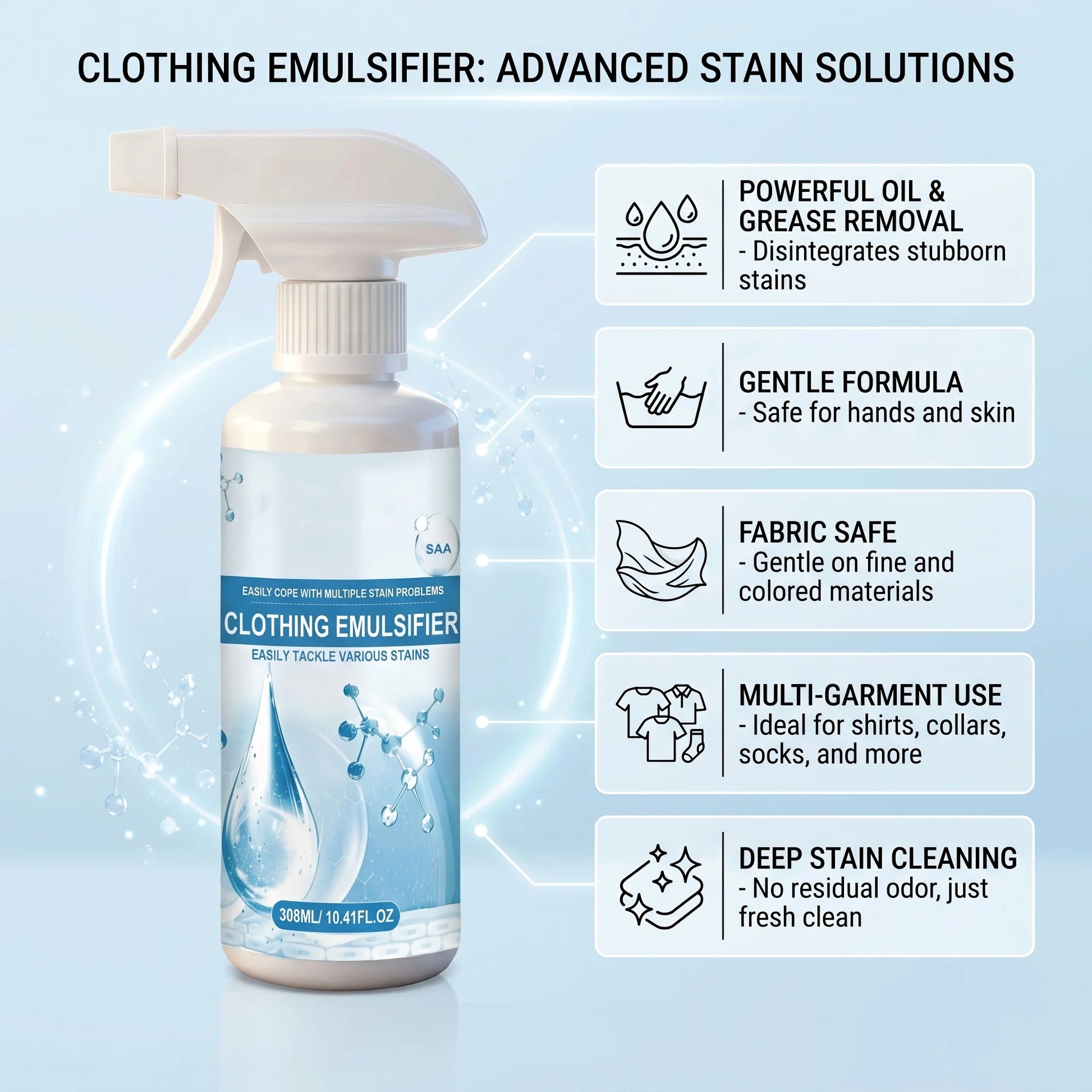 Clothing Emulsifier Stain Remover Spray for Oil, Grease, Food & Blood Stains Removal Preserves Colors and Freshens Clothes Peaceful Pleasures Health and Wellness