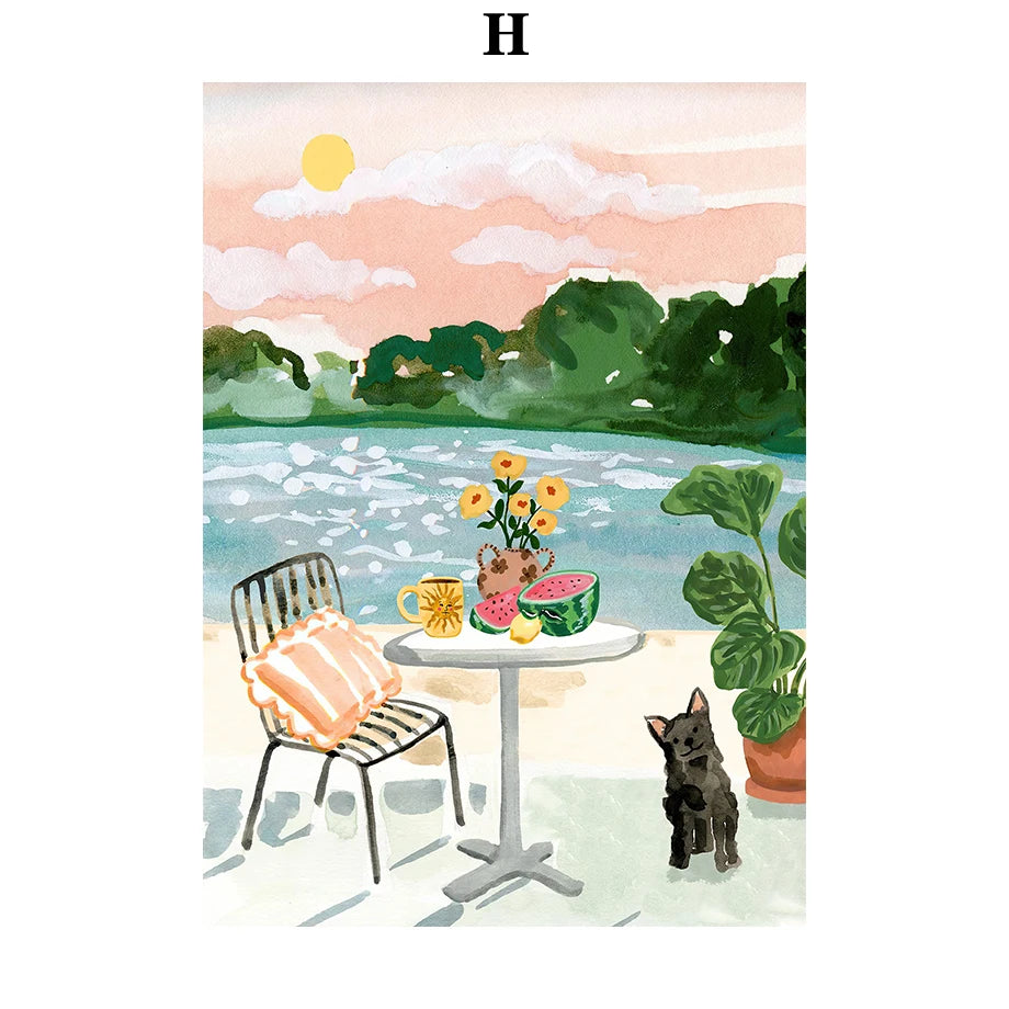 Summer Beach Leisure Holiday Fashion Wall Art Canvas Painting Nordic Poster Room Decor Tropical Watercolor Sunbathe Surfing Peaceful Pleasures Health and Wellness T80396-08 20x30cm Unframed