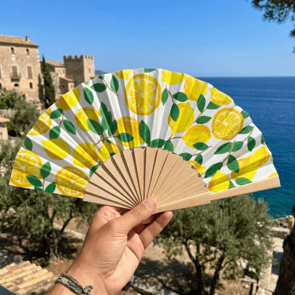 Lemon Print Folding Hand Fan | Wooden Handle Chinese Style Folding Hand Fan Peaceful Pleasures Health and Wellness