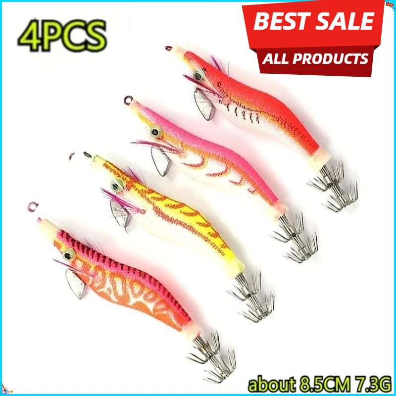 Squid Jig Shrimp Fishing Lures, 4PCS 8.5CM 7.3G Wood Prawn Baits with Hooks Angling Tackle Peaceful Pleasures Health and Wellness