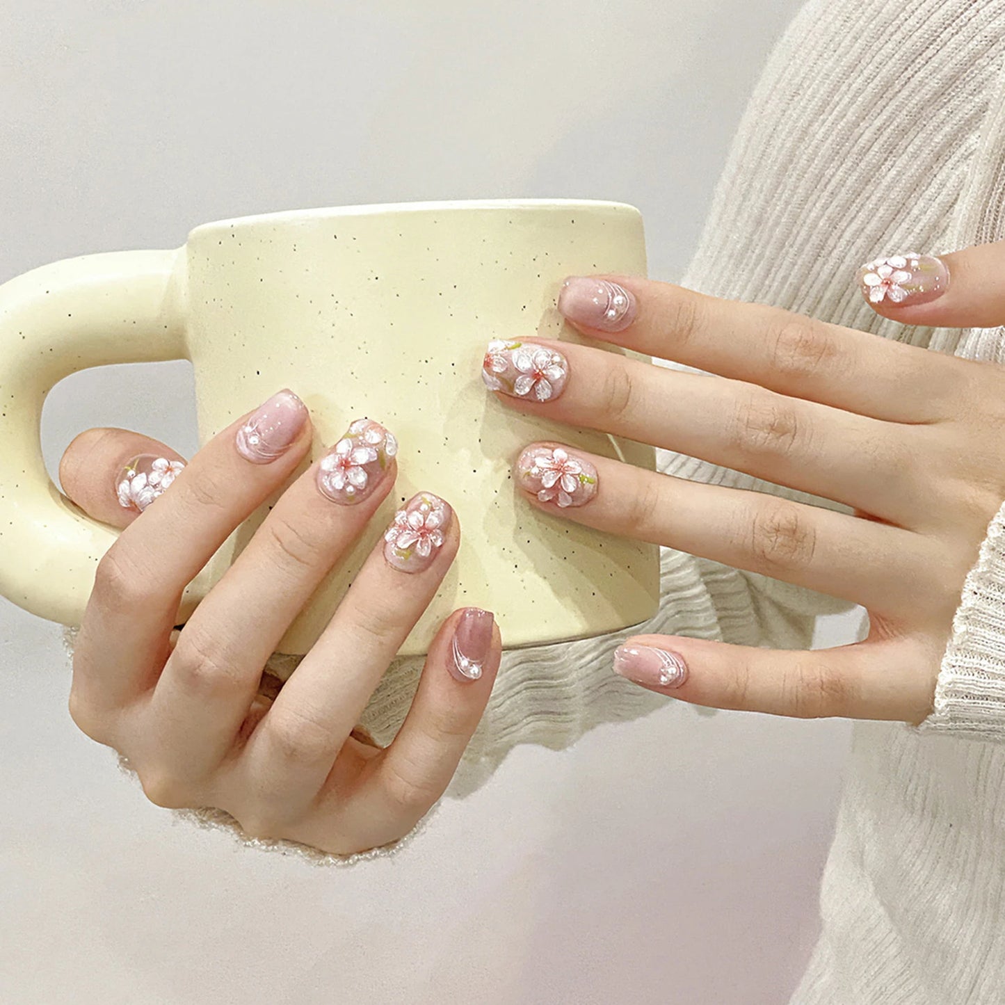 Pink Peach Blossom Press On Nails | Cat Eye Pearl Short Fake Nails