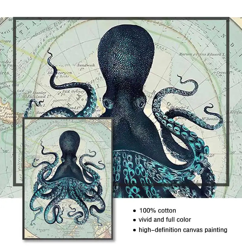 Poster Prints Nautical Coastal Wall Art Picture Antarctica Map Canvas Painting Home Wall Decor Kraken Octopus Tentacles Vintage Peaceful Pleasures Health and Wellness