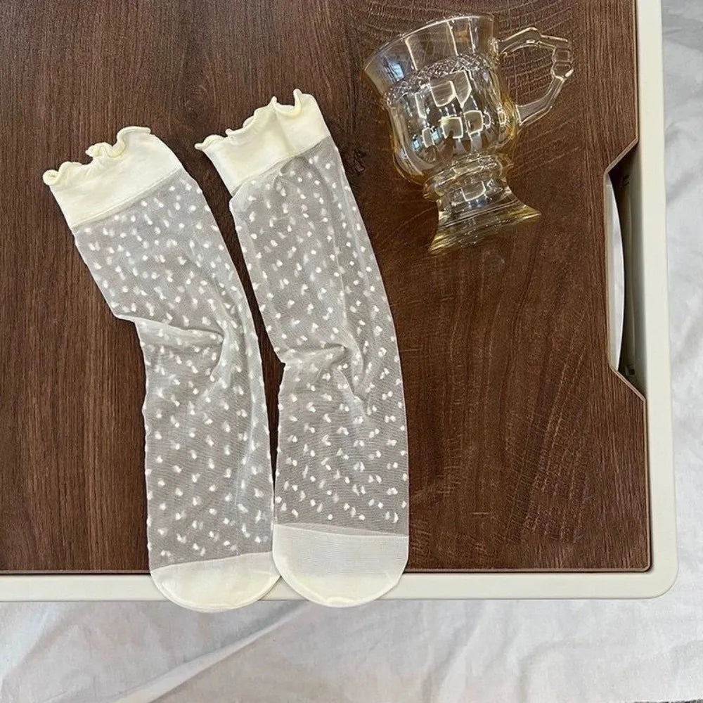 Women's Ruffled Lace Mesh Socks | Sheer Ice Silk Mid-Tube Lace Mesh Socks Peaceful Pleasures Health and Wellness One Size Dot