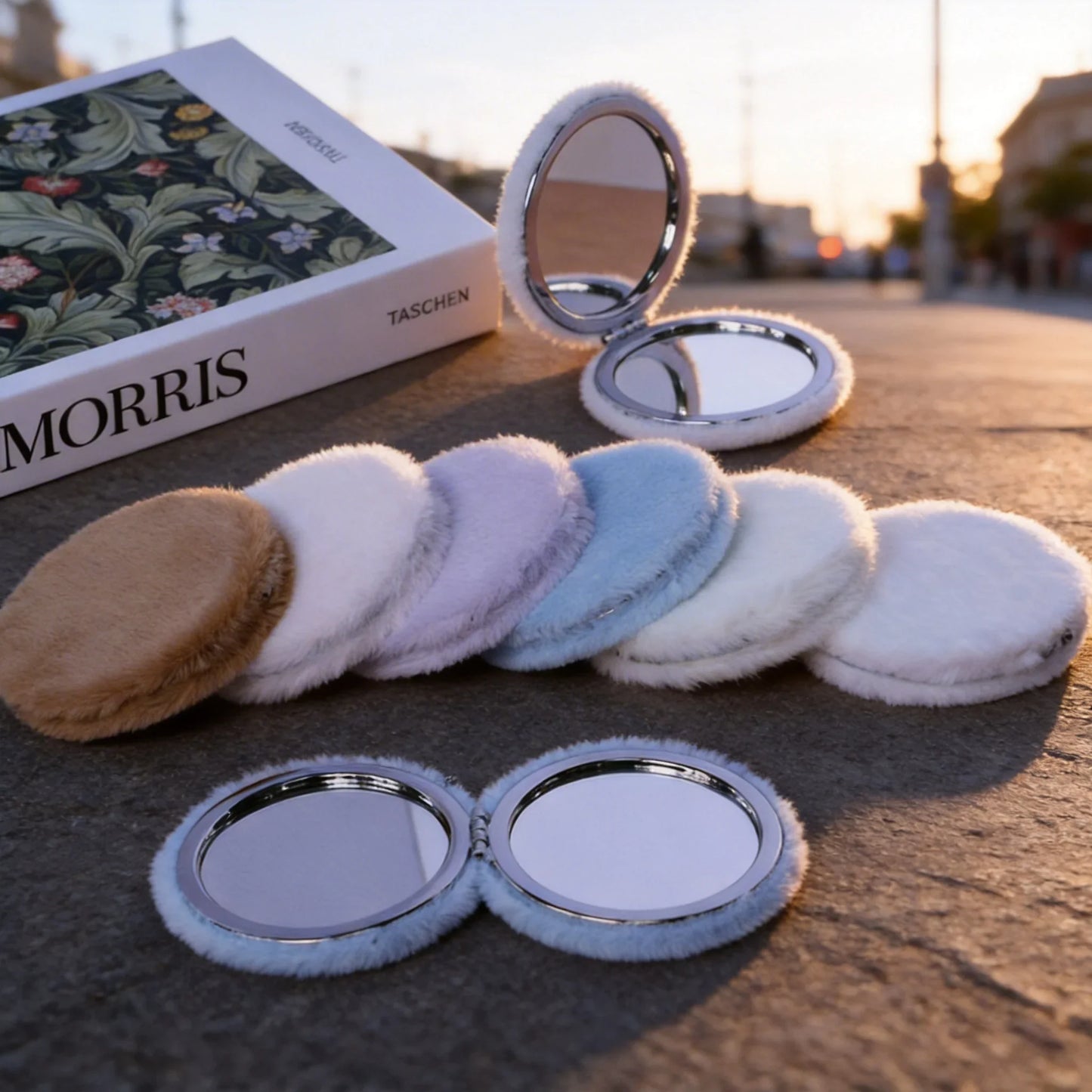 Fluffy Plush Compact Mirror – Dual-Sided Portable Folding
