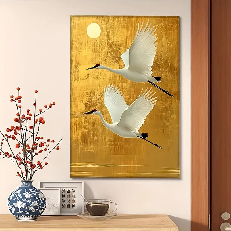 Elegant White Crane Wall Art with Golden Background Frameless Chinese Style Print, Tranquil Decorative Painting Canvas Wall Art Peaceful Pleasures Health and Wellness