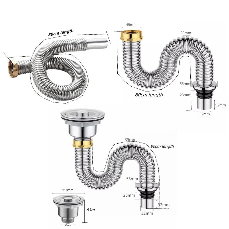 Stainless Steel Sink Drain Filter & Deodorant Drain Pipe Kit
