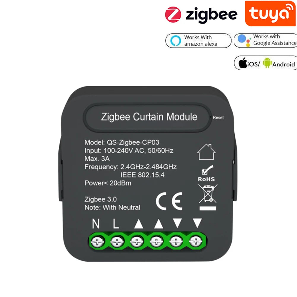 QS-Zigbee/Wifi-CP03 Tuya ZigBee/WiFi Curtain Switch Module for Roller Shutter Blinds Motor Smart Home Google Home Alexa Control Peaceful Pleasures Health and Wellness A Zigbee 1PCS