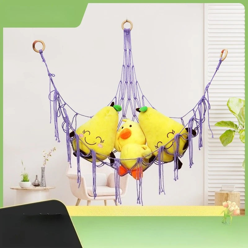 Corner Mounted Toy Storage Net Handwoven Cotton String Triangle Pouch Plush Doll Hammock Kids Room Organizer Peaceful Pleasures Health and Wellness