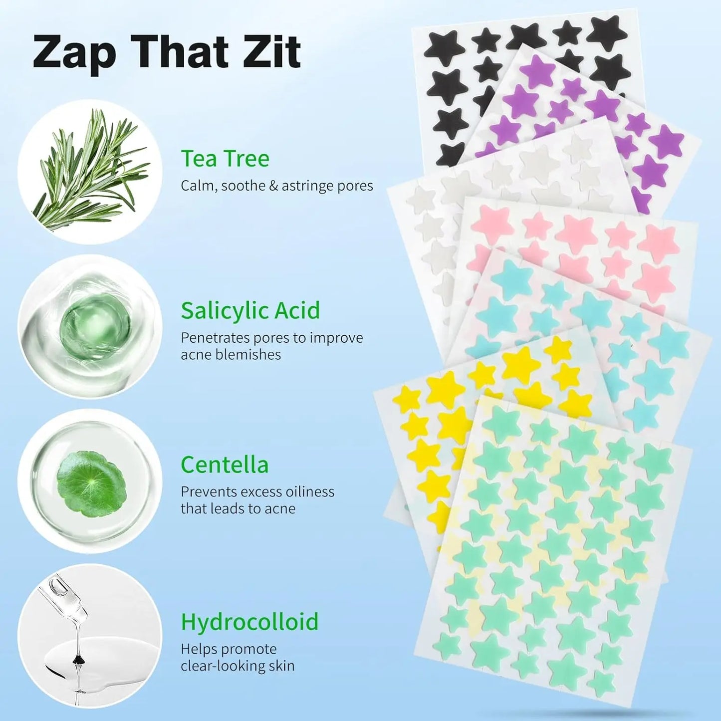 200Pcs Pimple Patches for Face Colorful Hydrocolloid Acne Patches Cute Star Zit Covers Spot Stickers with Tea Tree Acid Cica Oil Peaceful Pleasures Health and Wellness