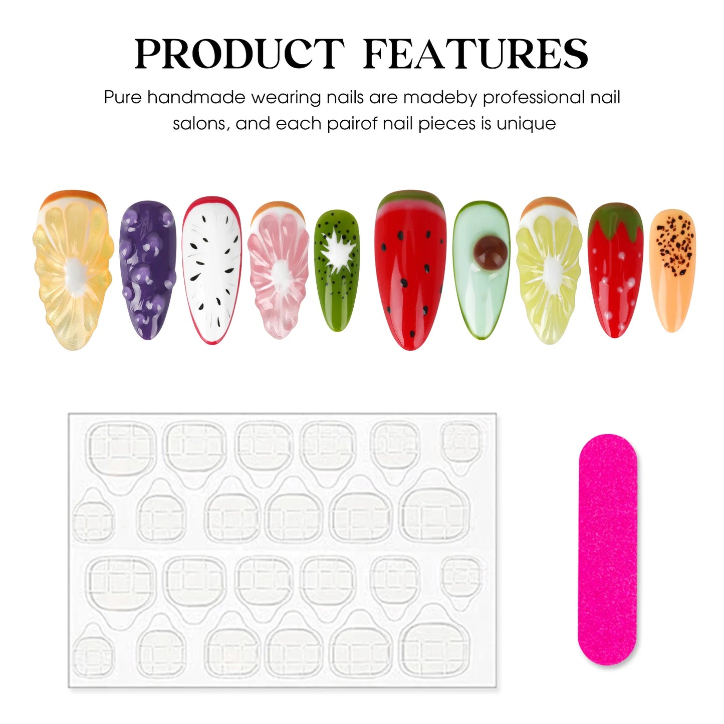 Handmade Press on Nails Summer Fruit Decor False Nails Full Cover Wearable Sweet Grapefruit Orange Design Almond Fake Nail Tips Peaceful Pleasures Health and Wellness