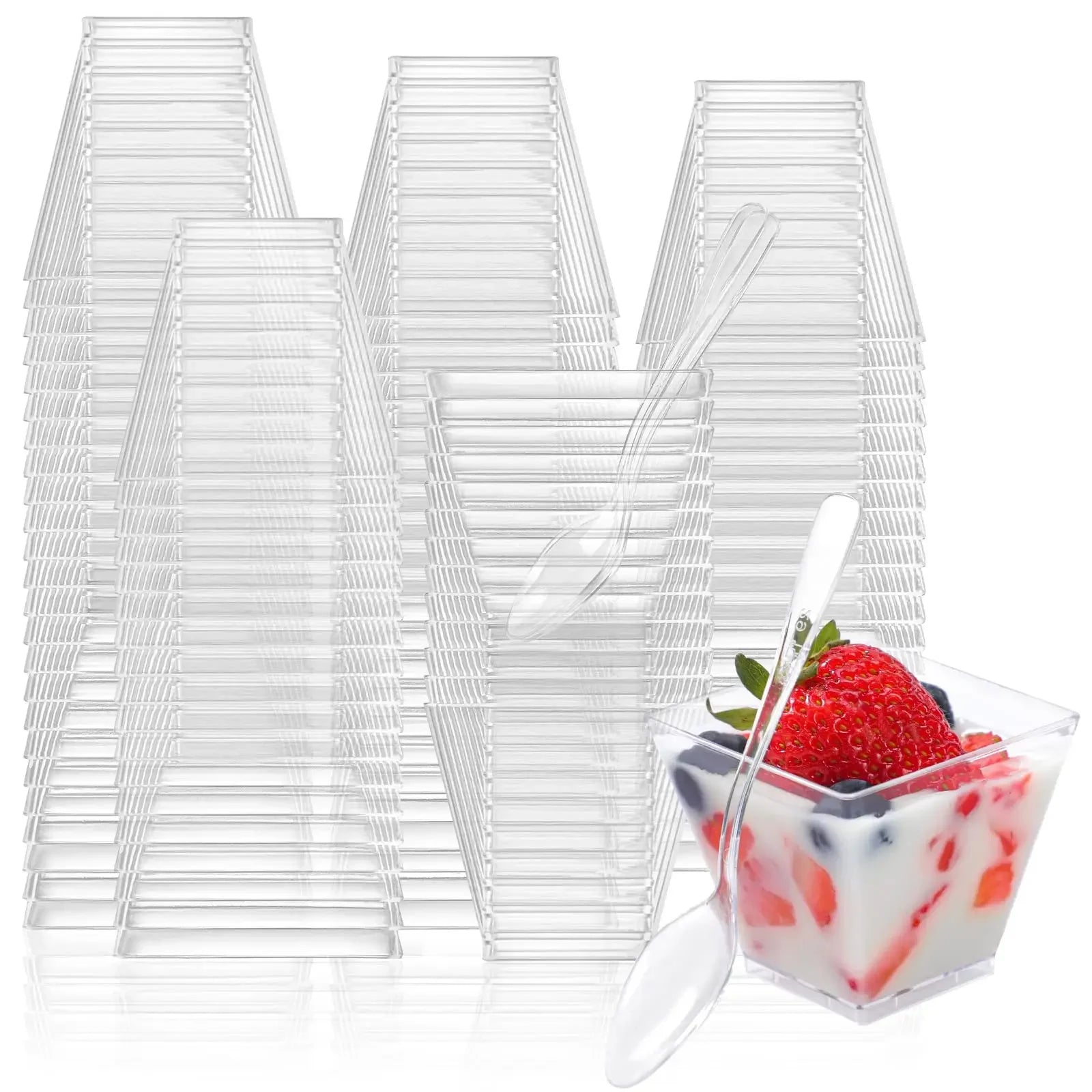 50pc Disposable Plastic Mousse Cup Ladder Shaped Cup Pudding Cup Mini Square Clear Plastic Dessert Cups Yogurt Mousse Baking Peaceful Pleasures Health and Wellness cup with spoon 100pcs