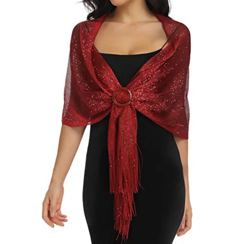 Ladies' Decorative Shawl Gold And Silver Silk Beach Play Tassel Scarf With Buckle Dinner Party Dance Party Wedding Attire Peaceful Pleasures Health and Wellness dark red