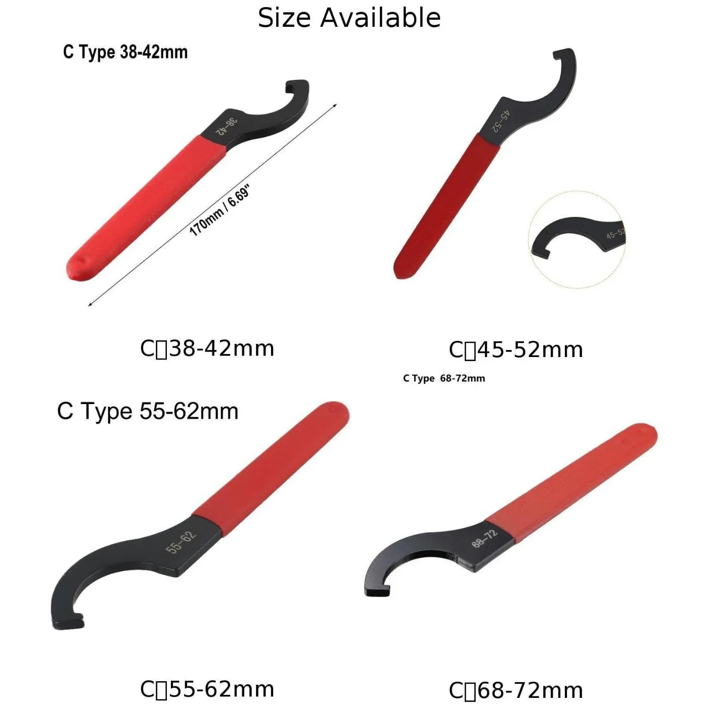 C Hook Spanner Wrench 38–72mm Round Nut | Non-Slip Handle
