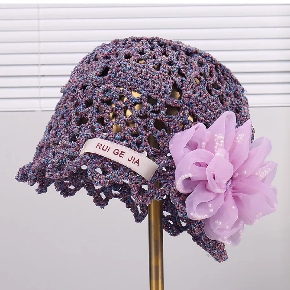 3D Flower Hollow Knit Beanie – Breathable Summer Cap