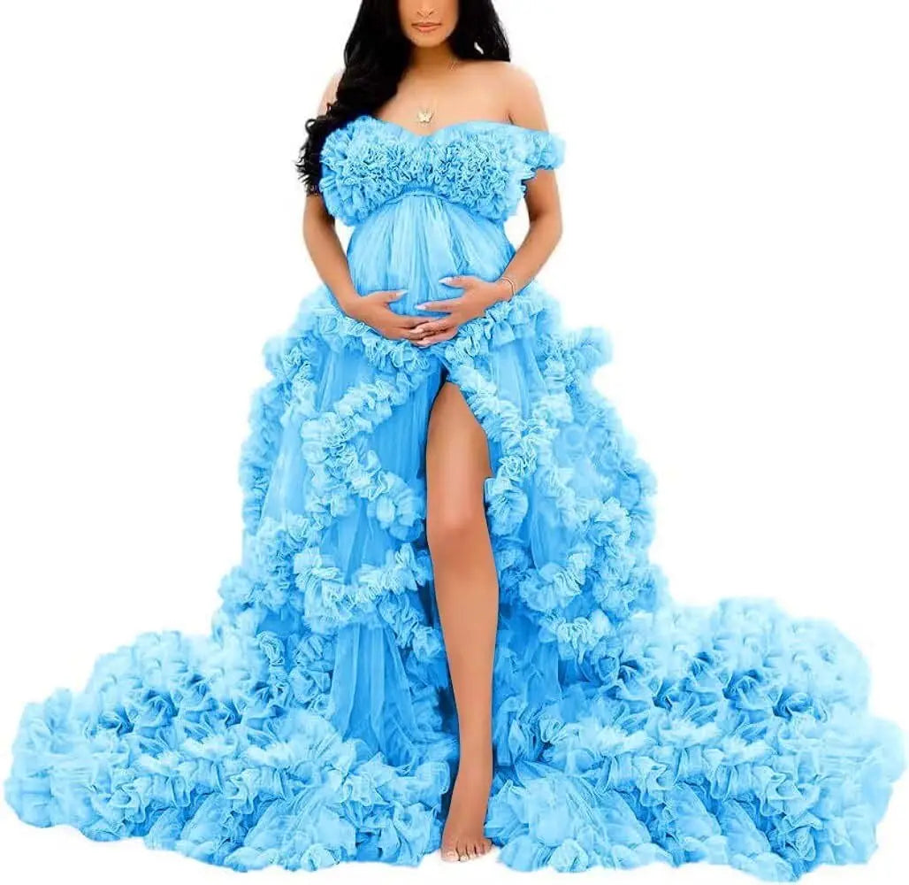 Photoshoot & Baby Shower Tulle Maternity Dress - Off Shoulder, Puffy Ruffles, Elegant Long Robe for Pregnancy Peaceful Pleasures Health and Wellness Blue US 4