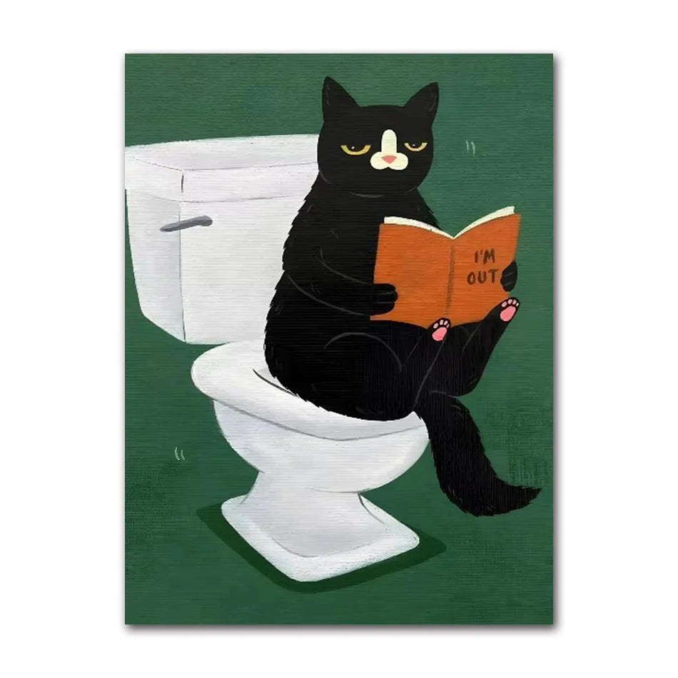 Funny Black Cat Toilet Canvas Wall Art | Bathroom Decor