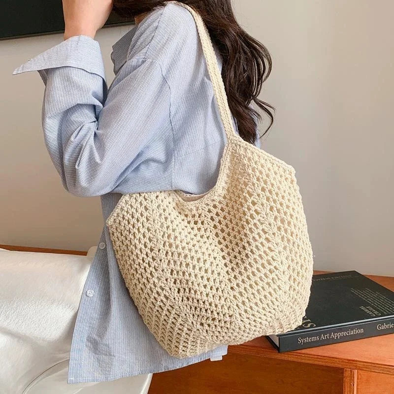 Women's Mesh Beach Tote Bag – Foldable Summer Straw Tote