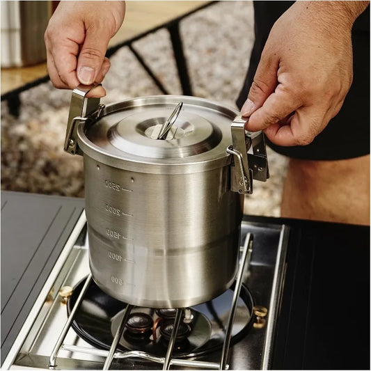 New Stainless Steel Micro-Pressure Camping Pot Home Outdoor Foldable Portable Cooking Pot with Lid, Compatible with Most Stoves Peaceful Pleasures Health and Wellness