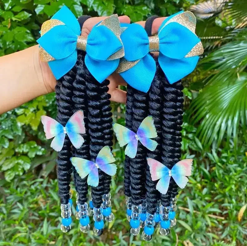 2pack Hair 8inch Kids Braided Ponytail with Beads and Bow Customized Kids Braided Ponytail with Beds Beads and Butterfly Peaceful Pleasures Health and Wellness blue