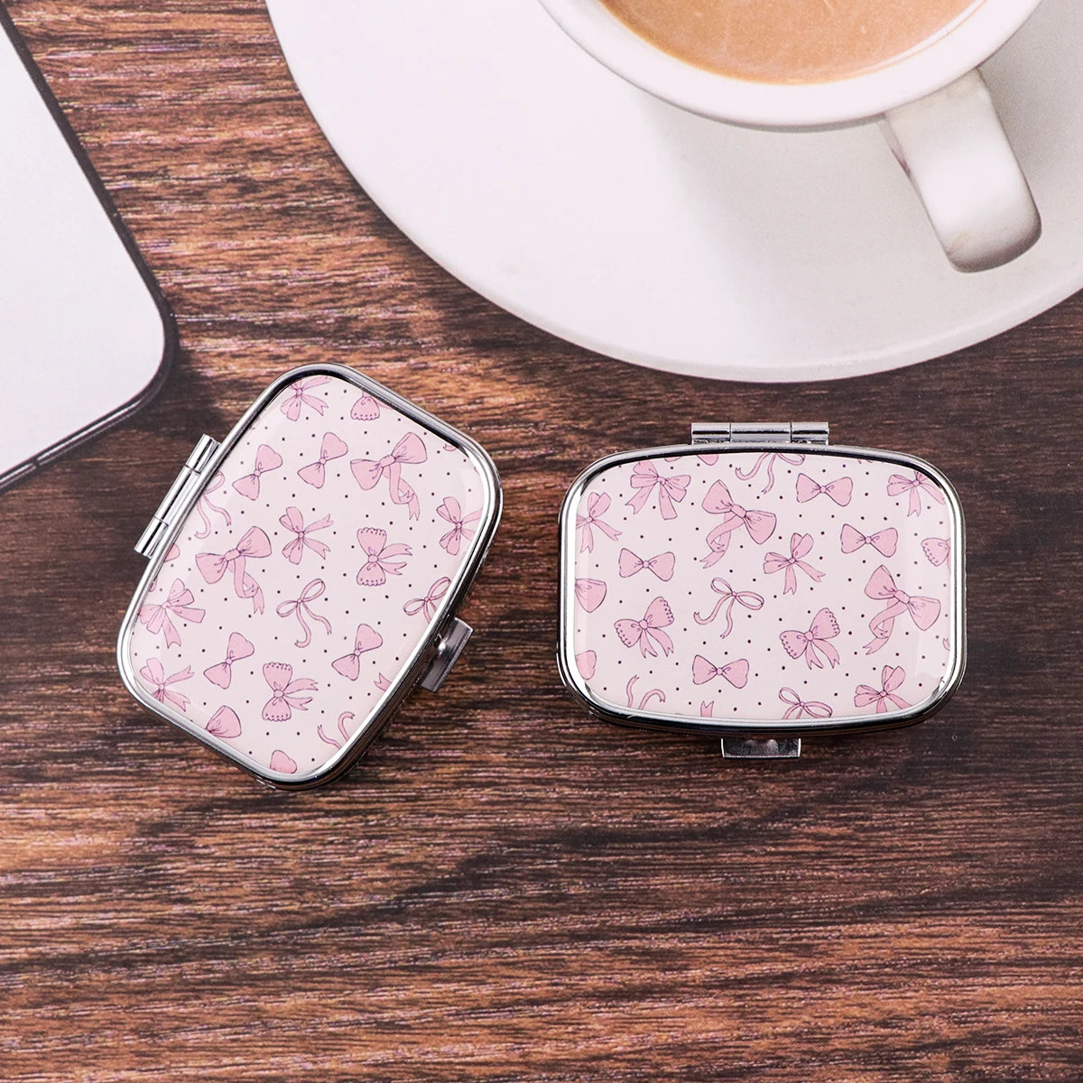 Pink Bow Mini Pill Box Travel Pill Box 2 Compartment Pocket Pill Container Daily Portable Medicine Storage Box Peaceful Pleasures Health and Wellness