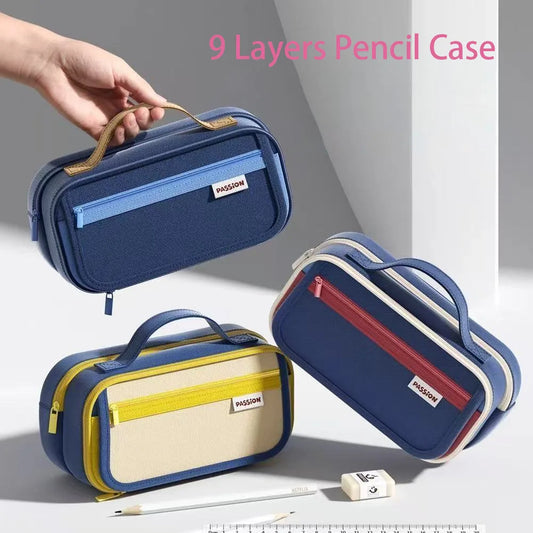 Retro 9 Layers Pencil Case Portable Large Capacity Pen Bag Wear-resistant Dirt-proof Pencil Pouch Student Peaceful Pleasures Health and Wellness