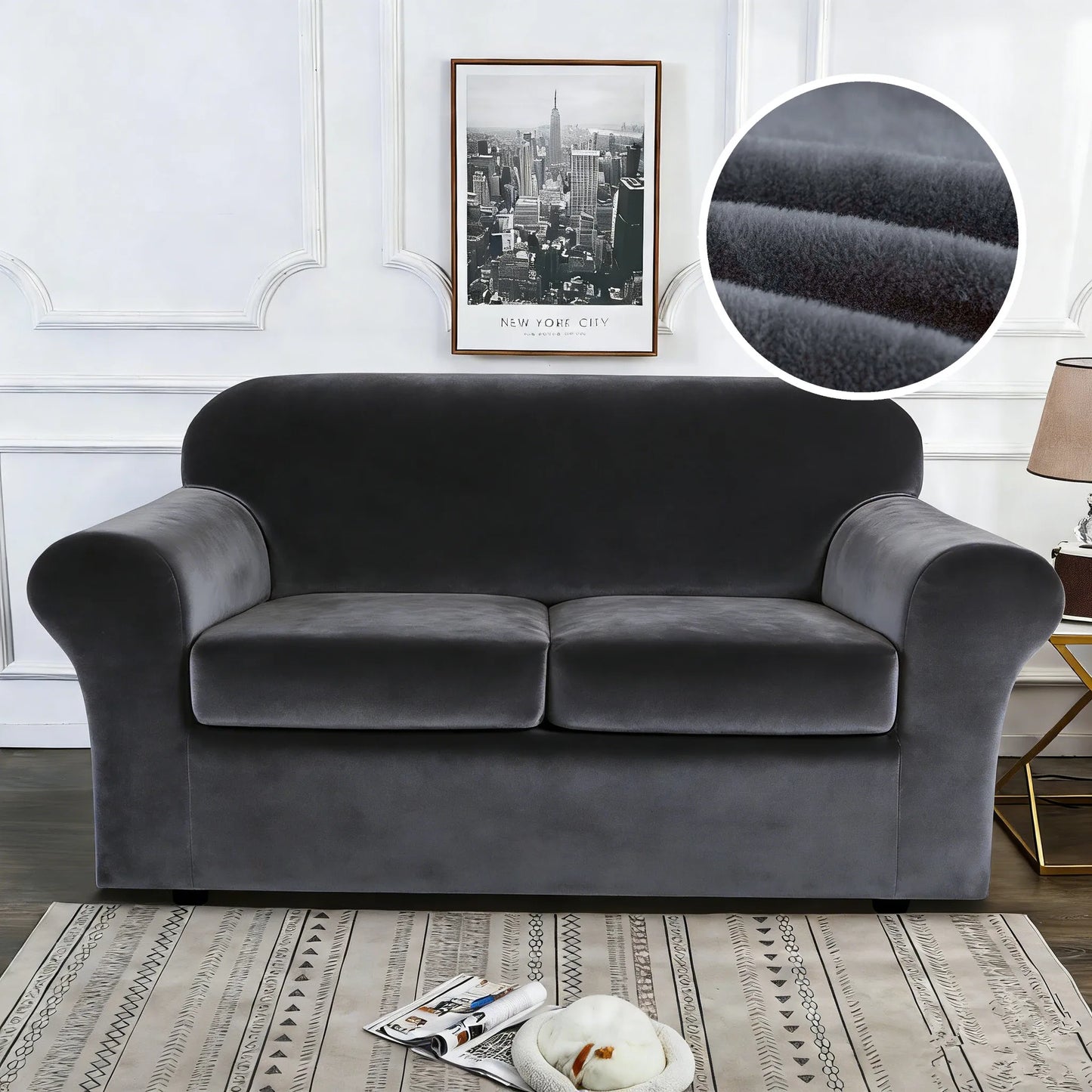 Stretch Velvet Plush Slipcover with 1/2/3/4 Seat Separate Cushion Cover Couch Velvet Sofa Covers Separate Fit Seat Cushion Cover Peaceful Pleasures Health and Wellness Dark Grey 4-Seater Sofa Cover