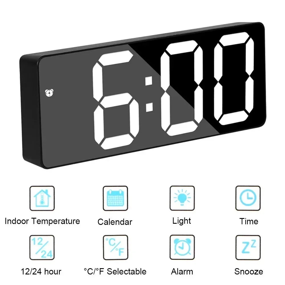 LED Digital Alarm Clock – Curved Mirror Screen & Temperature
