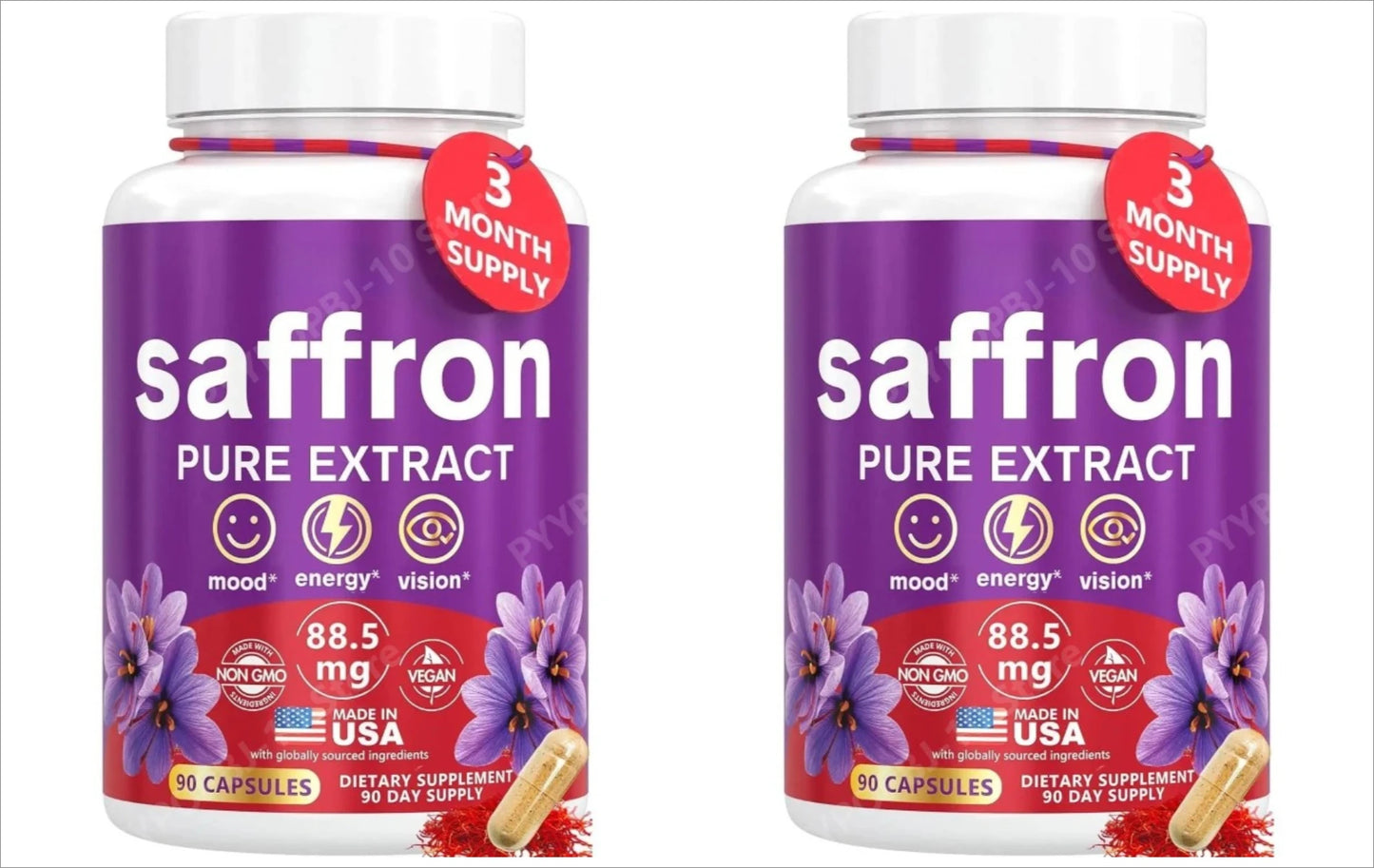 Supplements for Mood Focus 88.5mg Pure Saffron Extract 3rd Party Tested Made in USA 3 Month Supply 90 Capsules Peaceful Pleasures Health and Wellness 2bottles 180capsules