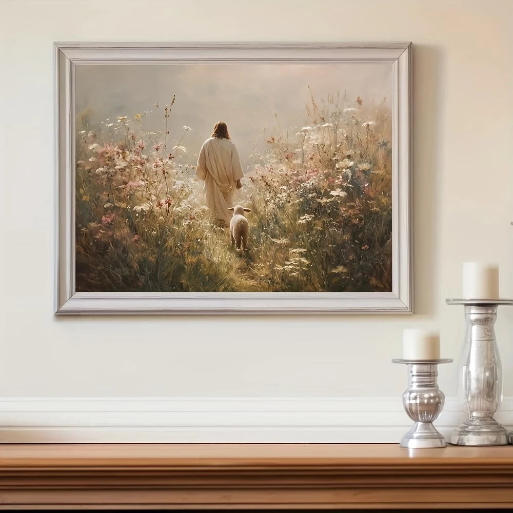 Retro Jesus Good Shepherd Canvas Wall Art | Religious Home Decor