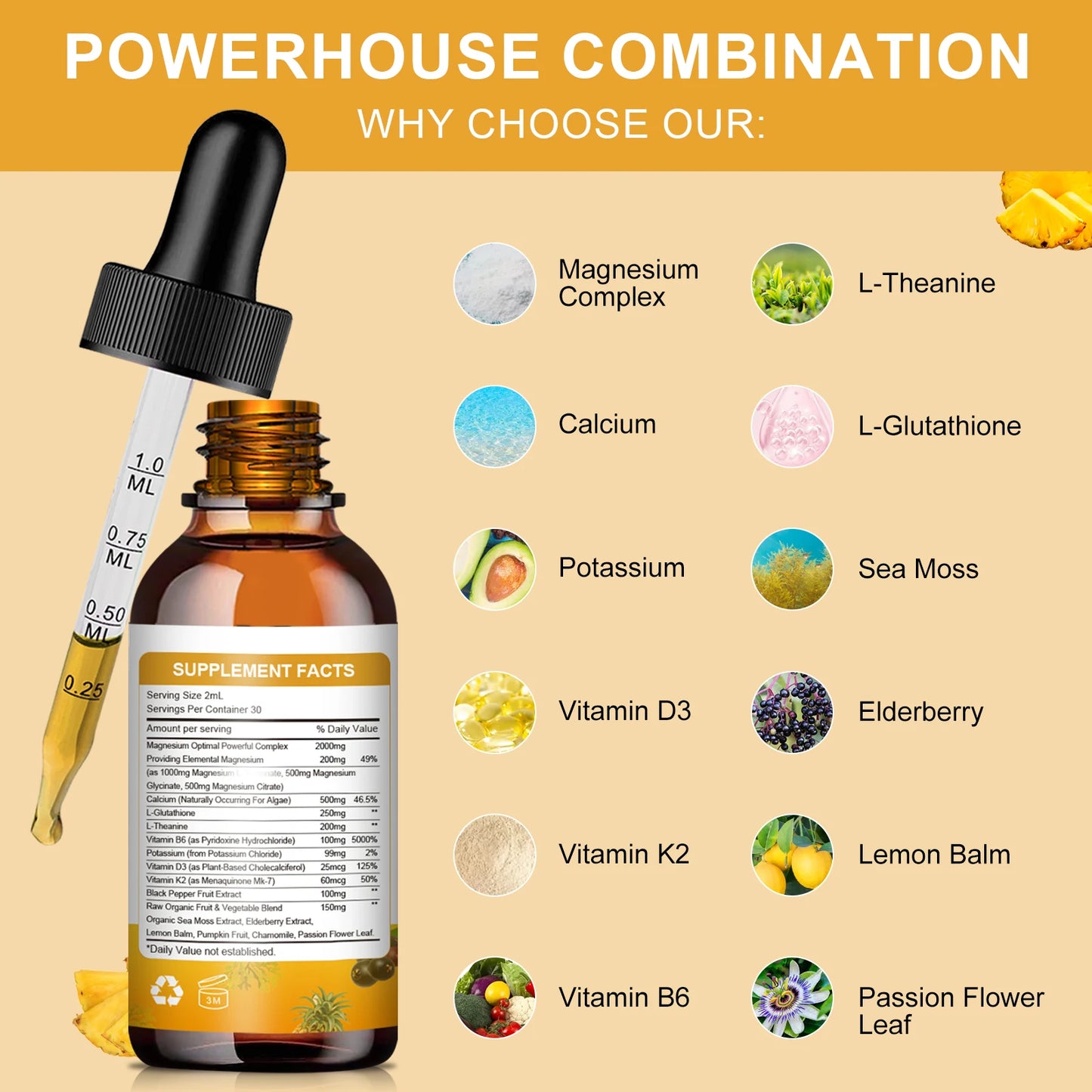 Magnesium Glycinate Drops – Pineapple Flavor | Sleep, Calm & Muscle Relaxation Peaceful Pleasures Health and Wellness