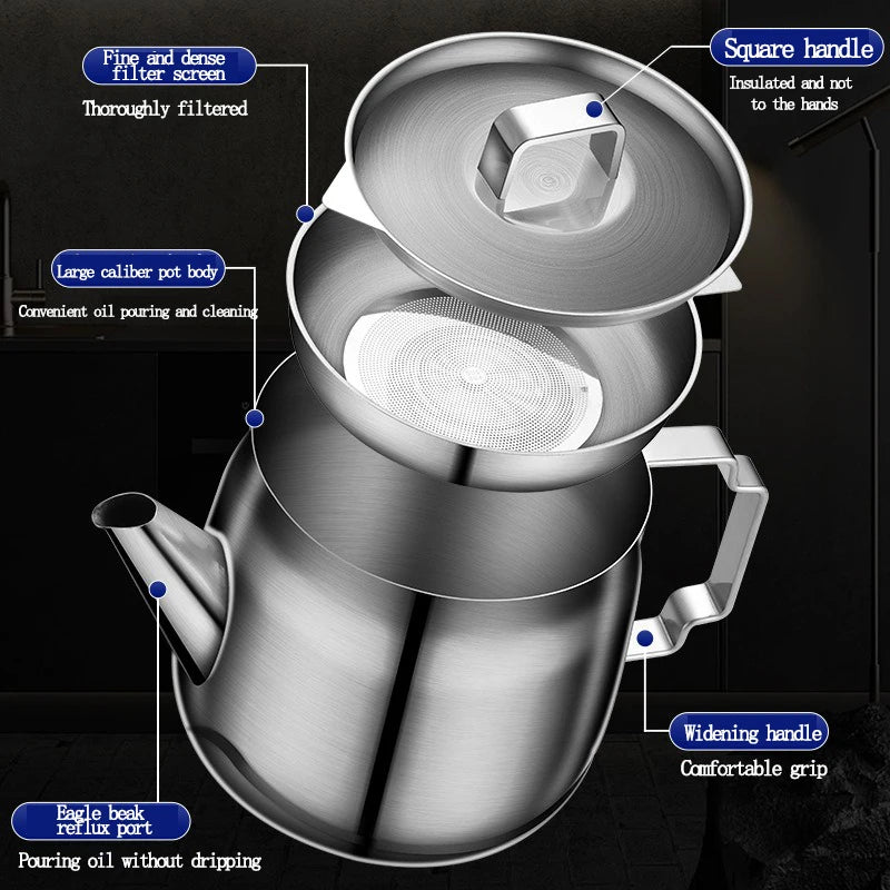1/1.5/2L 304 Stainless Steel Oil Strainer Pot Cooking Oil Can with Fine Mesh Strainer Kitchen Fat Storage Kitchen Accessories Peaceful Pleasures Health and Wellness