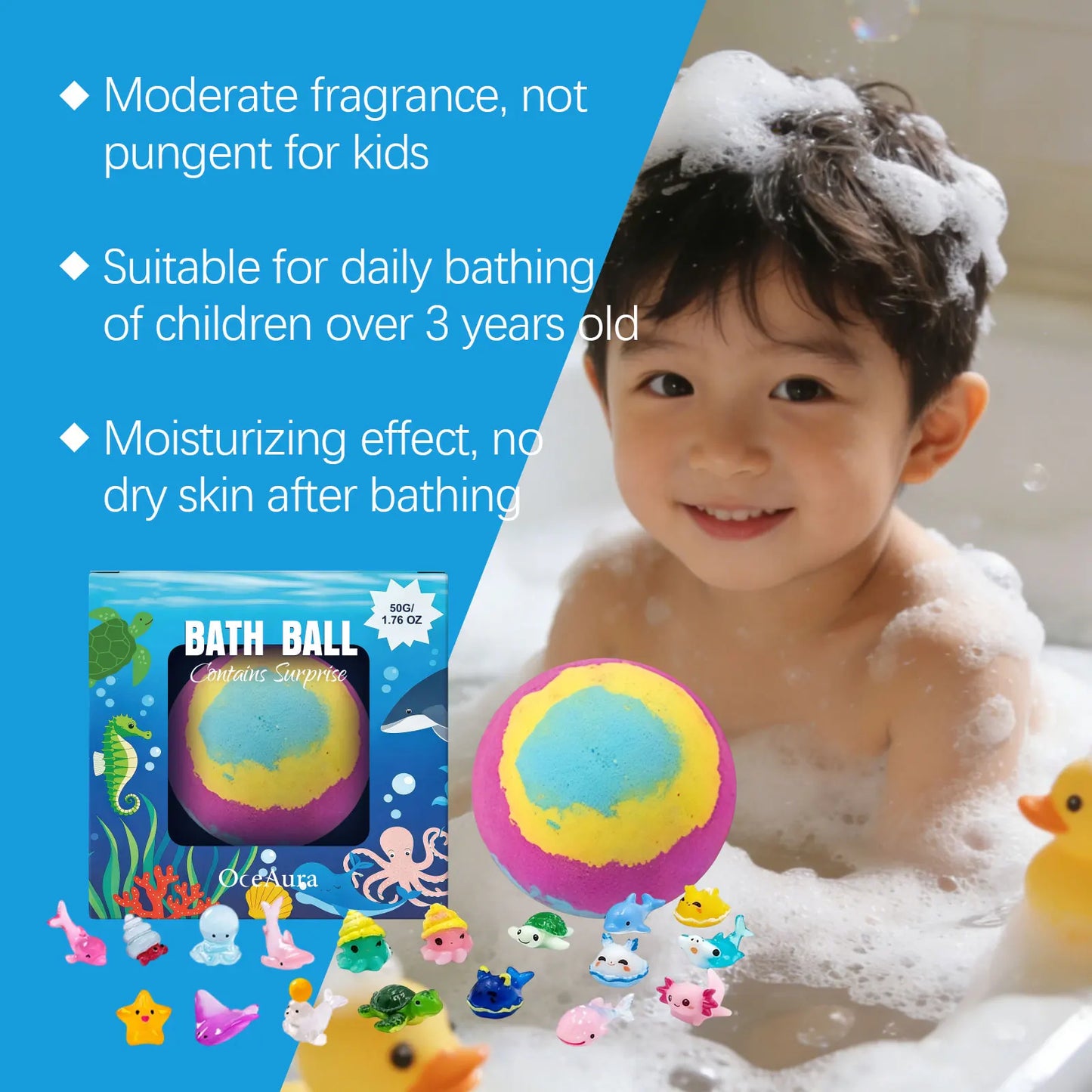 OceAura Kids Bath Bomb with Hidden Ocean Toy Surprise – 50g