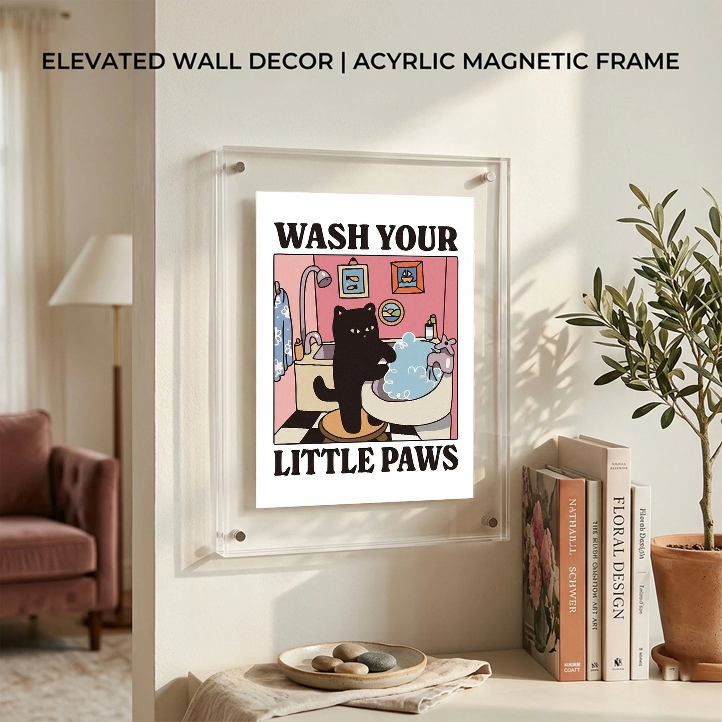 Black Cat Wash Hands Acrylic Picture Frame | Wall Decor