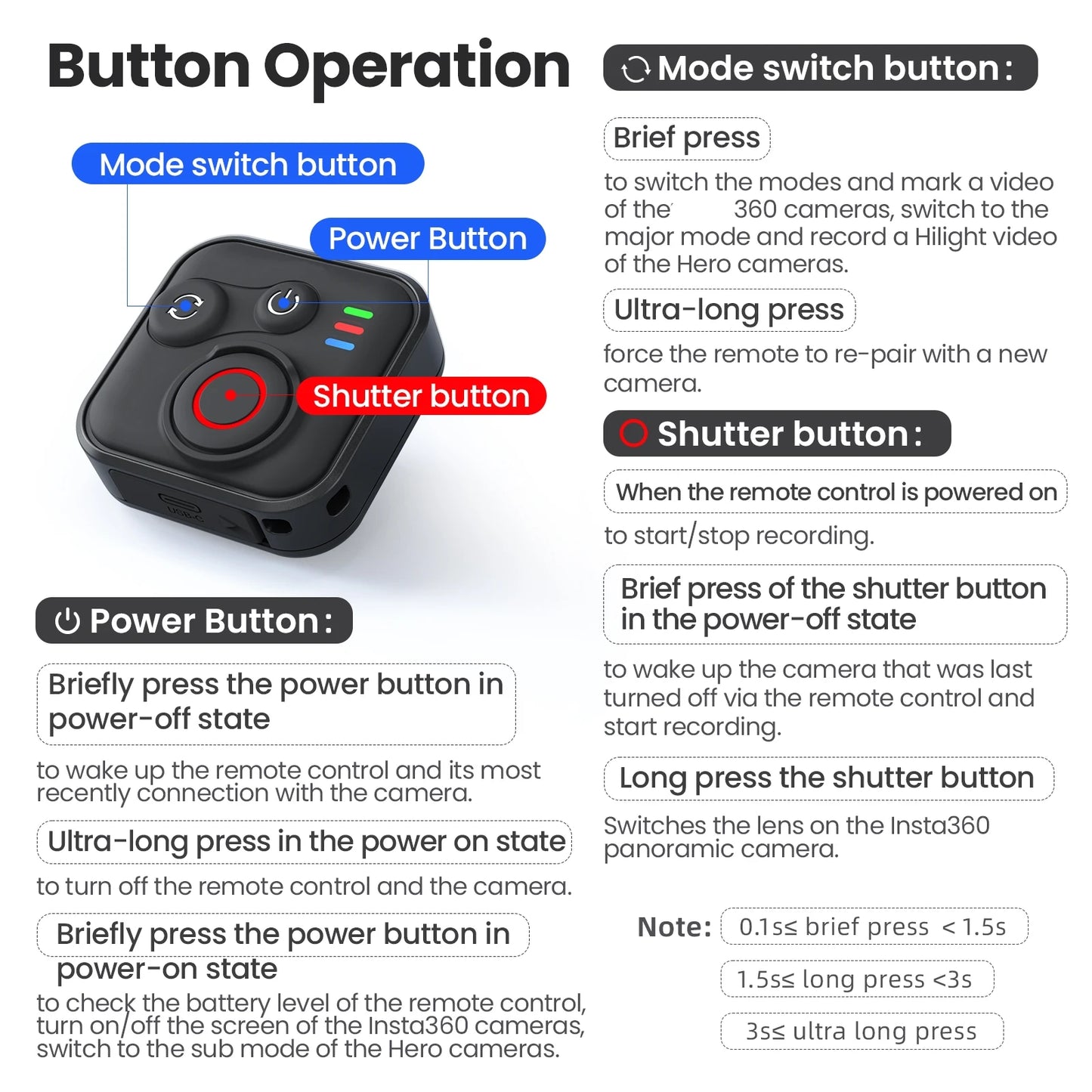 For lnsta 360 X5 X4 X3 ACE PRO2 GO 3S Sports Camera BT Remote Control 50 Meters Remote Control Distance Waterproof Design Peaceful Pleasures Health and Wellness