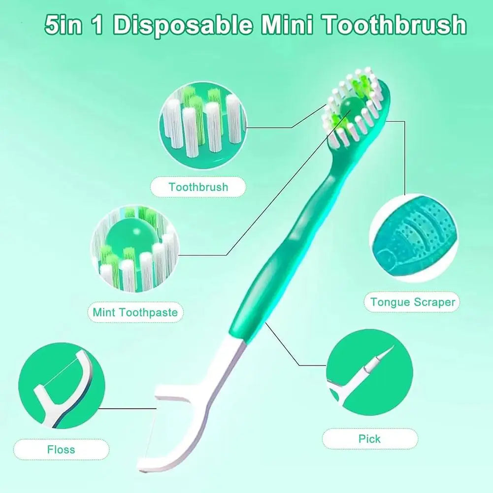 5 in 1 Bursting Bead Toothbrush Disposable Toothbrush with Toothpaste Tongue Scraper Flosses Kit refreshing Mint Bead Travel Peaceful Pleasures Health and Wellness