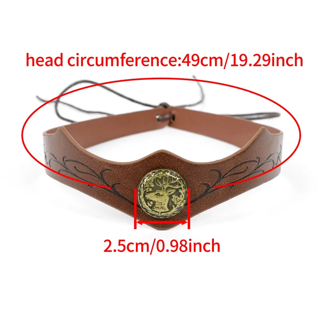 Viking Deer Medallion Leather Headband Medieval Tree Pattern