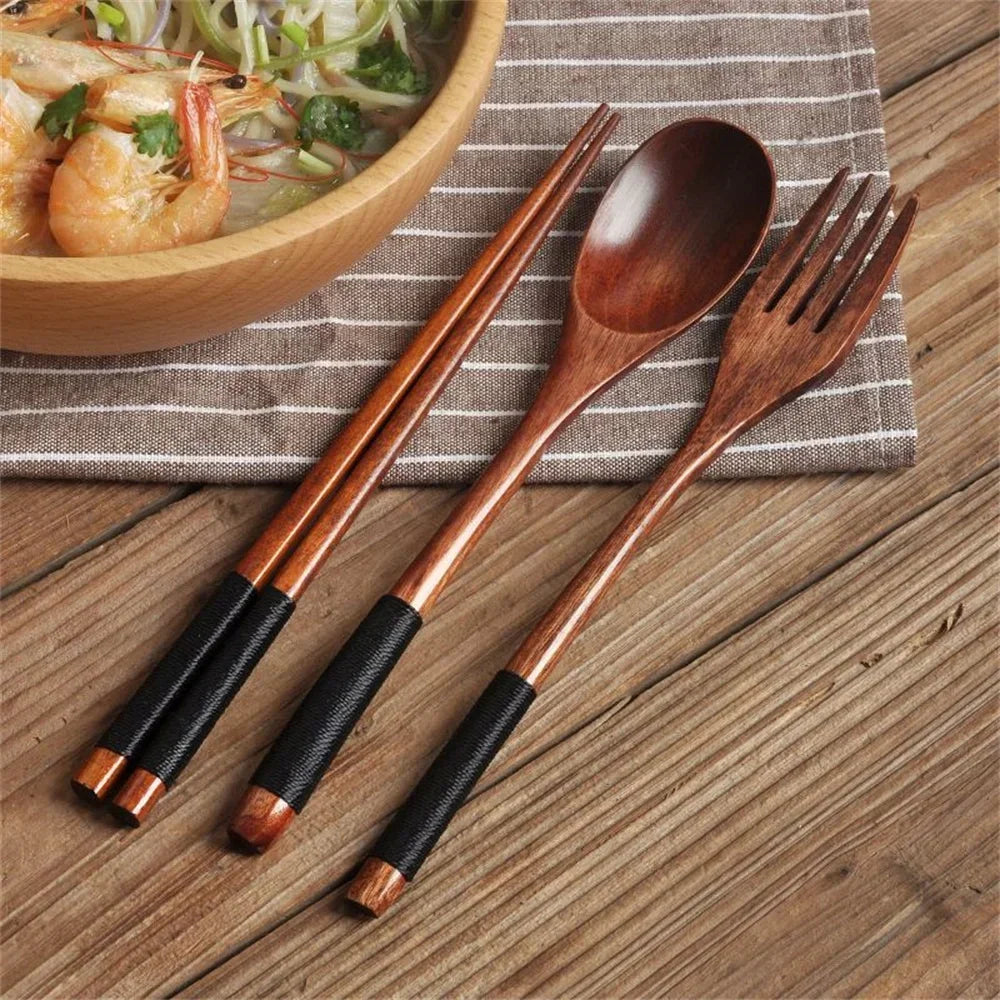 3 Piece Set Stainless Steel Cutlery Wooden Tableware Coffees and Teas Tableware Forks Spoon Korean Plates Dinner Sets Chopsticks Peaceful Pleasures Health and Wellness