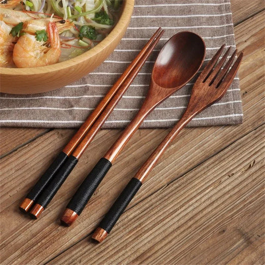 3 Piece Set Stainless Steel Cutlery Wooden Tableware Coffees and Teas Tableware Forks Spoon Korean Plates Dinner Sets Chopsticks Peaceful Pleasures Health and Wellness