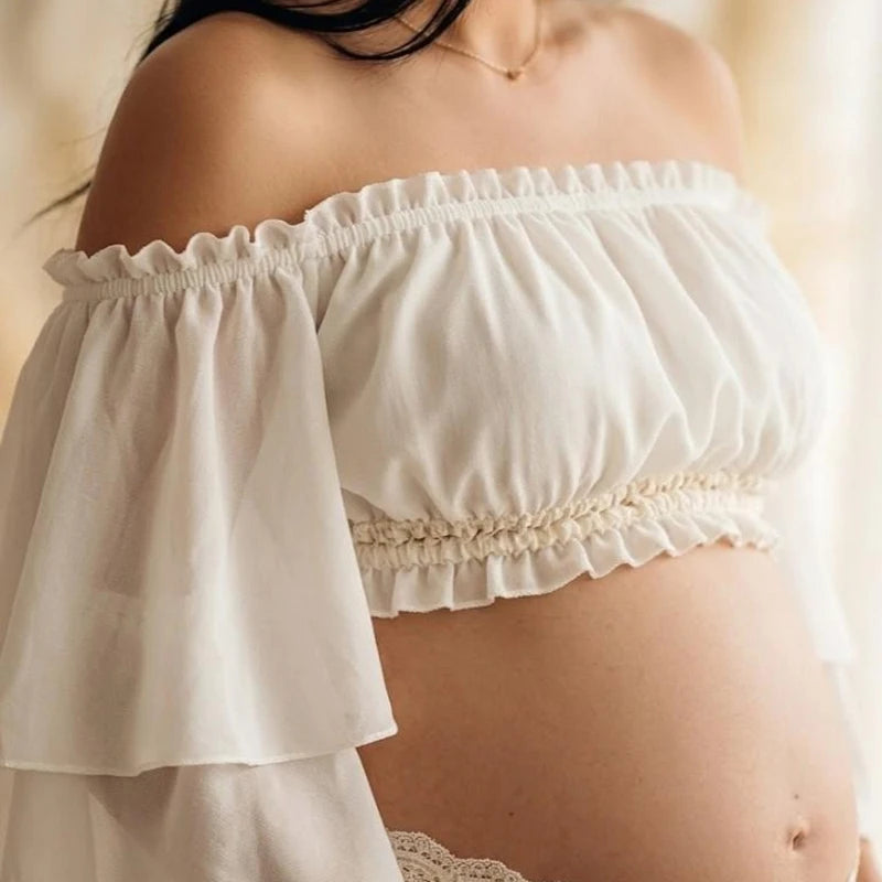 Two-Piece Maternity Photoshoot Dress, Off Shoulder Chiffon Crop Top + Flowing Maxi Skirt, Baby Shower Gown for Pregnant Women Peaceful Pleasures Health and Wellness