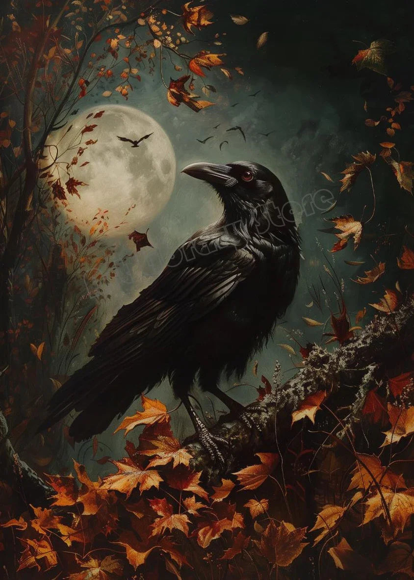 Dark Moody Victorian Witch Canvas Wall Art | Raven Skull Print