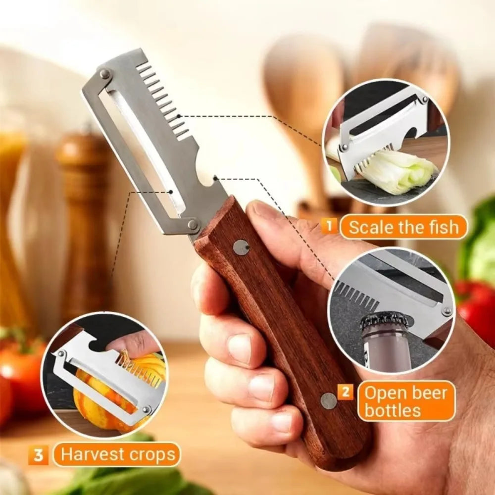 3-in-1 Stainless Steel Vegetable Peeler with Wood Handle