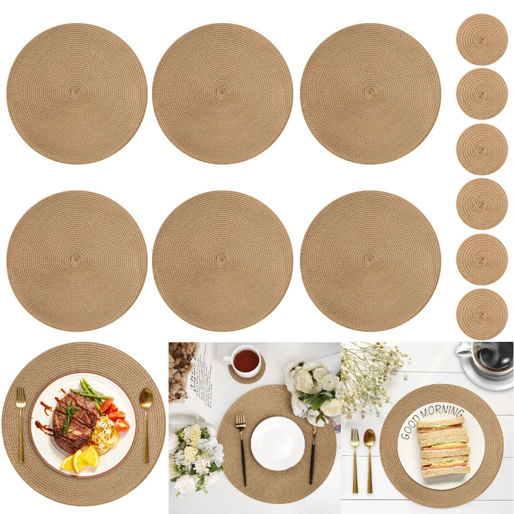 Set of 6 Round Braided Table Mat Washable Placemats Non Slip Heat Resistant for Kitchen Dining Tables Pad With 6Pc Cup Coasters Peaceful Pleasures Health and Wellness