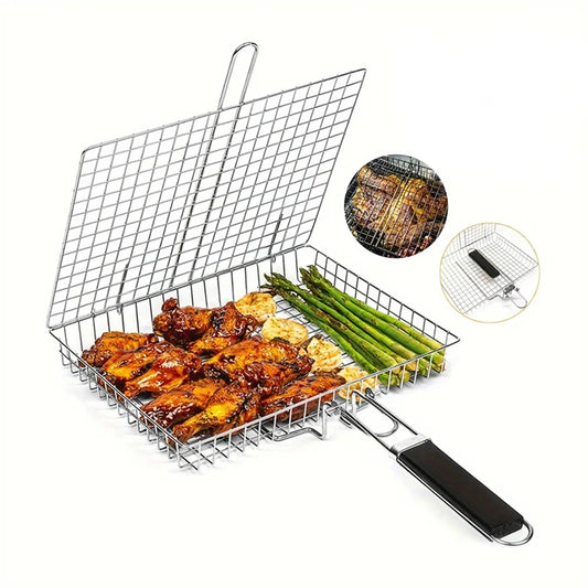 Folding Stainless Steel BBQ Grill Basket – Lockable, Large Grilling Surface, Includes Basting Brush & Storage Bag Peaceful Pleasures Health and Wellness