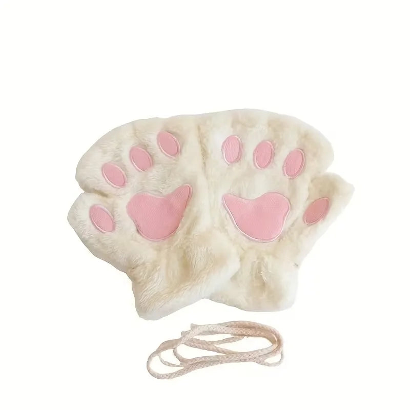 Cat Paw Fuzzy Fingerless Gloves – Soft Plush Winter Mittens