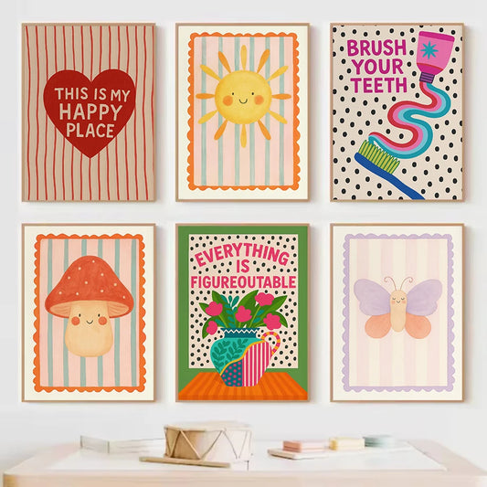Retro Cartoon Nursery Canvas Wall Art | Sun Flower Quote Print Canvas Wall Art Peaceful Pleasures Health and Wellness