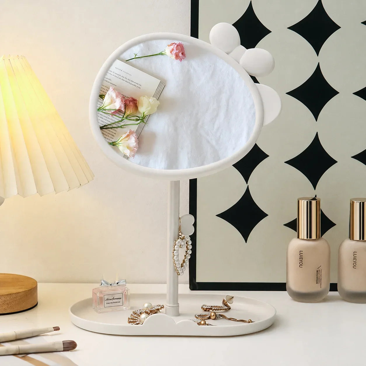 Cute Bowknot Desk Vanity Mirror with Storage Tray | 360°